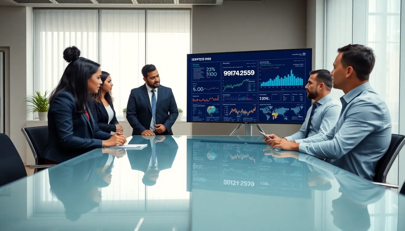 diverse team collaborating on data analysis in a modern office.