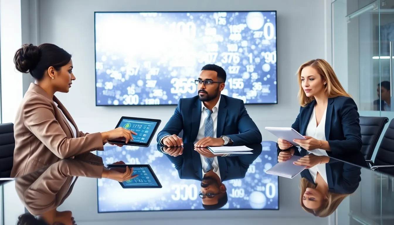 diverse professionals discussing numerical significance in a modern office.